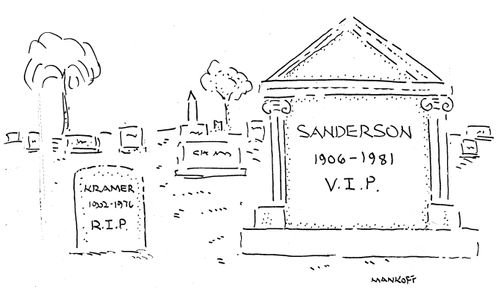 Two gravestones sit next to each other in a cemetery; the small one reads "Kramer 1902-1976 R.I.P." and the large one reads "Sanderson 1906-1981 V.I.P.". 