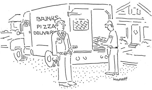 Two armed guards remove a pizza from an armored vehicle.