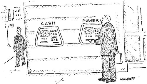 Two ATMs sit side by side; one is labeled "Cash" while the other is labeled "Power".