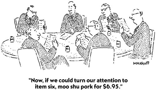 "Now, if we could turn our attention to item six, moo shu pork for $6.95."