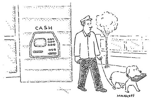 A man and his dog walk away from an ATM; the dog is carrying a wad of cash in his mouth.
