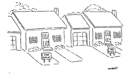 A sign outside a house reads "For sale"; the house next door also has a sign that reads "Me too".