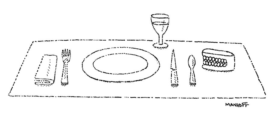 A table setting that includes dentures. 