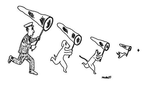 A dog catcher catching a dog catching a cat catching a bird catching a fly.