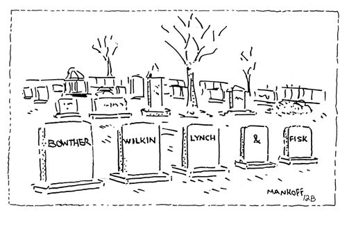 Five tombstones in a row read: "Bowther", "Wilkin", "Lynch", "&" and "Fisk".