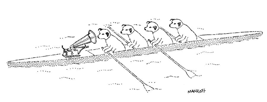 Dogs rowing a boat while listening to a gramophone. 