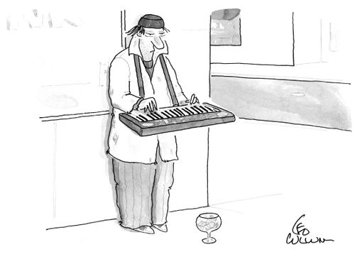 A street musician plays on a portable keyboard; a glass for tips sits in front of him.