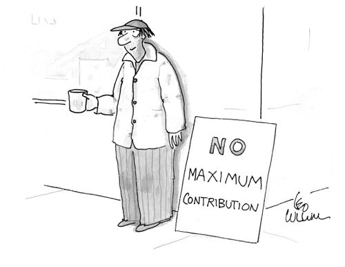 A panhandler with a sign that reads "No maximum contribution".