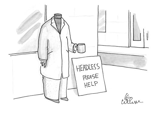 A headless panhandler with a sing that reads "Headless Please Help".
