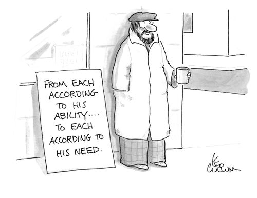 A panhandler with a sign that reads "From each according to his ability…. To each according to his need."