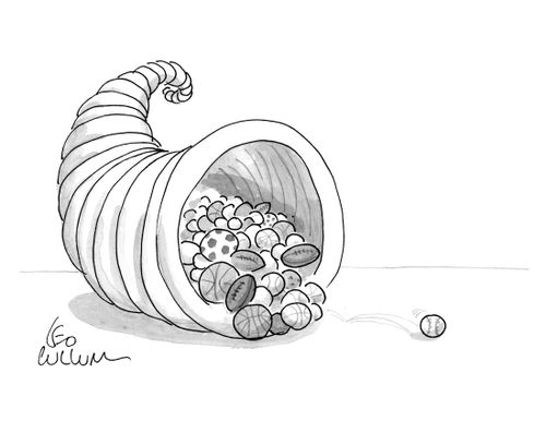 A cornucopia filled with different kinds of balls used for sports.