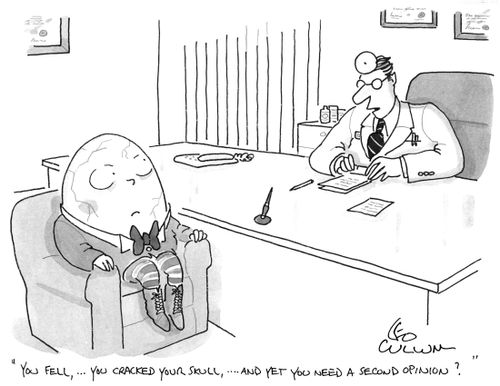 "You fell, … You cracked your skull, …. And yet you need a second opinion?"