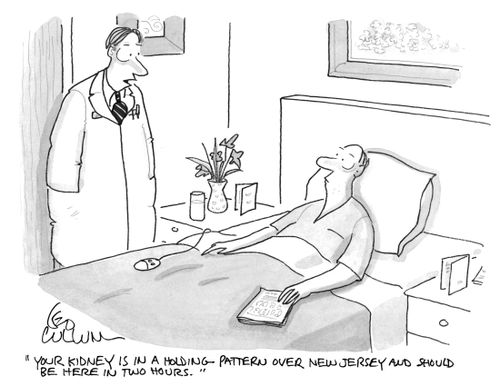 "Your kidney is in a holding pattern over new jersey and should be here in two hours."