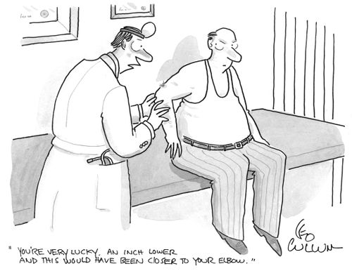 "You're very lucky. An inch lower and this would have been closer to your elbow."
