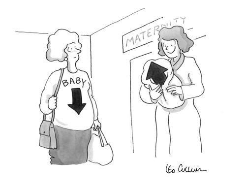 A pregnant woman wears a shirt that says "Baby"with an arrow pointing down, while a mother holds a baby that is an arrow pointing up.