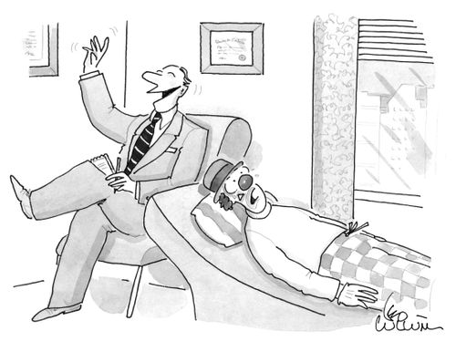 A therapist laughing behind the back of his patient who is an upset looking clown.