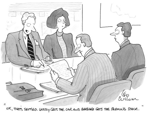 "O.K., that's settled. Larry gets the car and Barbara gets the parking space."