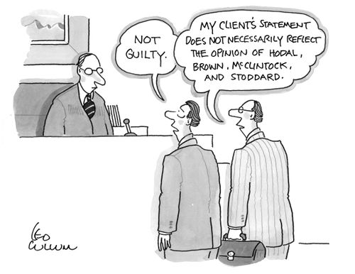 "Not guilty." "My client's statement does not necessarily reflect the opinion of Hodal, Brown McClintock, and Stoddard."