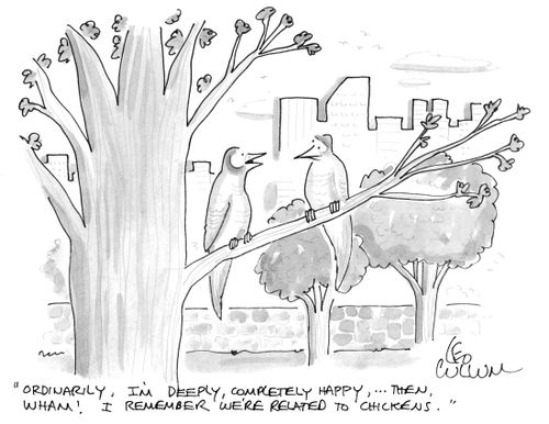 "Ordinarily, I'm deeply, completely happy, ...then, wham! I remember we're related to chickens."