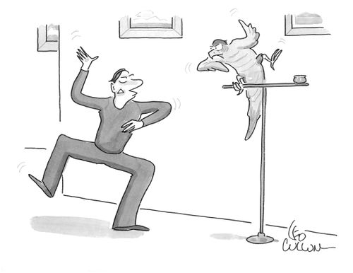 A mime and his pet parrot talk to one another.