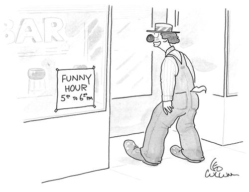A clown walks into a bar with a sign that reads "Funny Hour 5:00 to 6:00 pm".