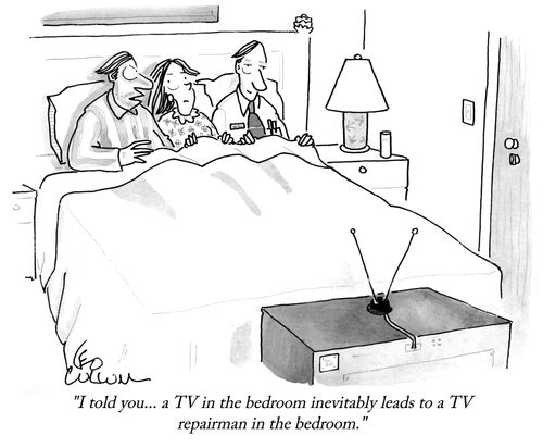 "I told you... a TV in the bedroom inevitably leads to a TV repairman in the bedroom."