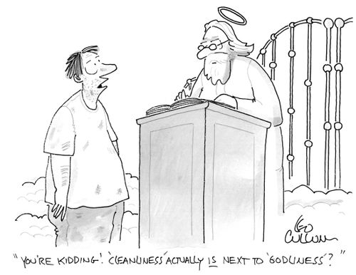 "You're kidding! 'Cleanliness' actually is next to 'godliness'?"