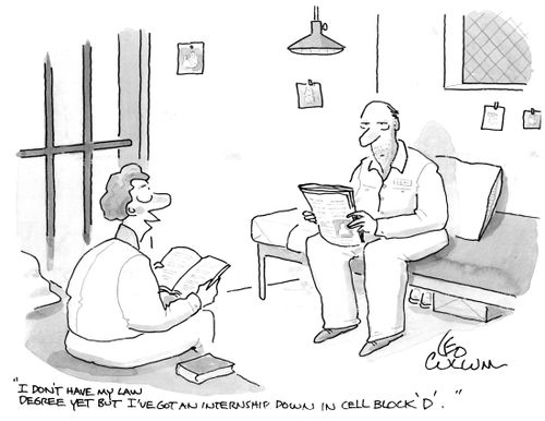 "I don't have my law degree yet but I've got an internship down in cell block 'D'."