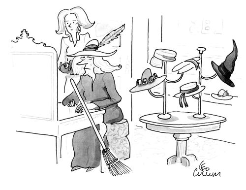 A witch tries on new styles of hats.