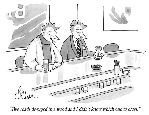 "Two roads diverged in a wood and I didn't know which one to cross."