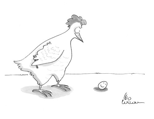 A chicken draws a happy face on an egg.