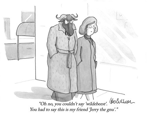 "Oh no, you couldn't say 'wildebeest'. You had to say this is my friend 'Jerry the gnu'."