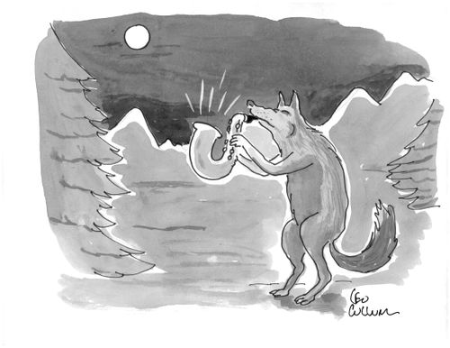 A wolf playing a saxophone under a full moon.
