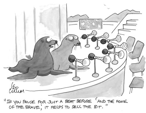 "If you pause for just a beat before 'and the home of the brave,' it helps to sell the bit."