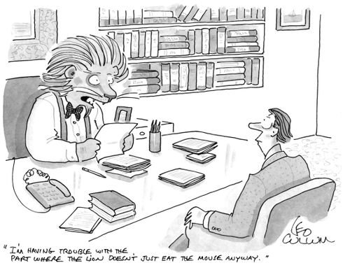 "I'm having trouble with the part where the lion doesn't just eat the mouse anyway."