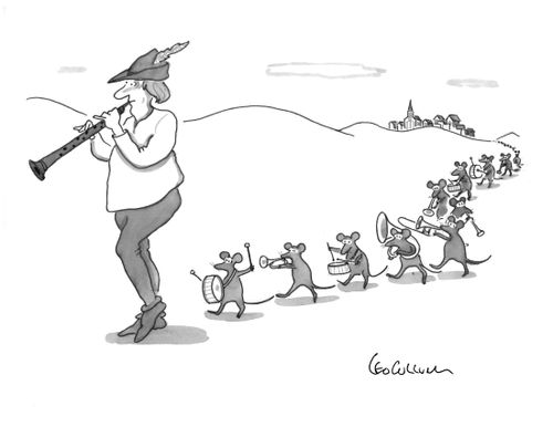 The Pied Piper of Hamelin followed by a marching band of mice.
