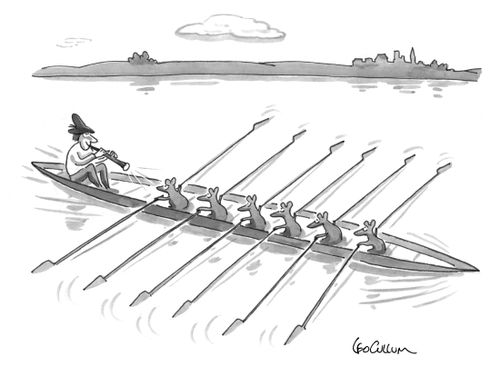The Pied Piper of Hamelin keeps time with his pipe while the rats row.