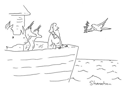 The dove returns to Noah's Ark carrying an olive branch in a martini.