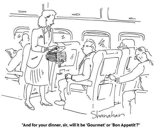 "And for your dinner, sir, will it be 'Gourmet' or 'Bon Appetit'?"