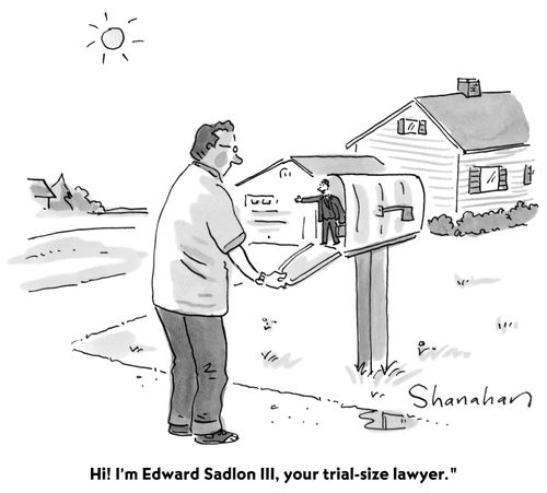"I'm Edward Sadlon III, your trial-size lawyer."