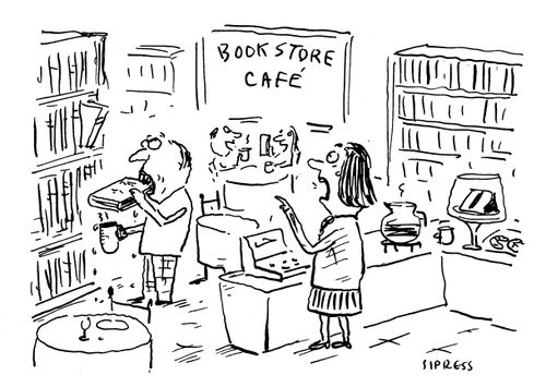 A customer eats a book in a bookstore cafe.