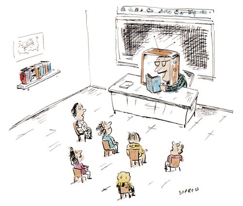 A teacher with a TV for a head reads a book to their students.