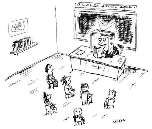 A teacher with a TV for a head reads a book to their students.