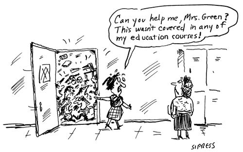 "Can you help me, Mrs. Green? This wasn't covered in any of my education courses!"