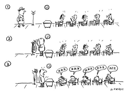 A teacher walks into a classroom full of chatting students; once he starts to talk the students fall asleep.