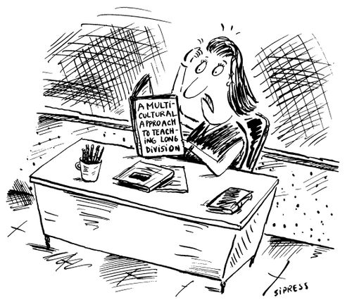 A confused looking teacher reads a book called "A Multicultural Approach to Teaching Long Division".