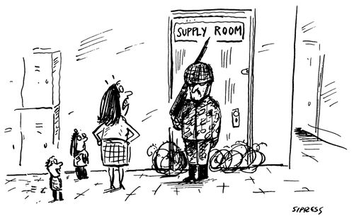 An armed guard watches over a school's supply room.
