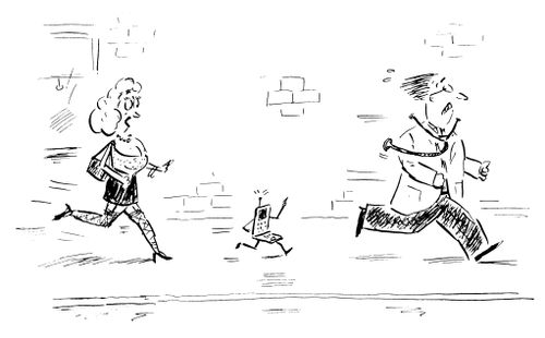 A doctor runs away from a cellphone