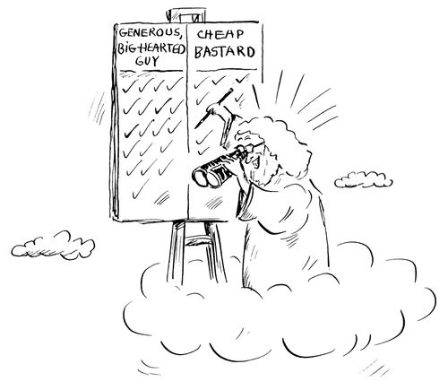 God watches people through binoculars while keeping track of their good and bad deed.