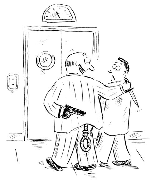 Boss leads employee away to fire him.